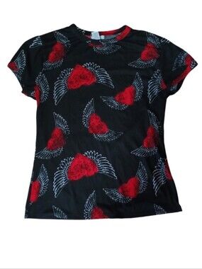 Rue21 Black Tee with Red Winged Hearts